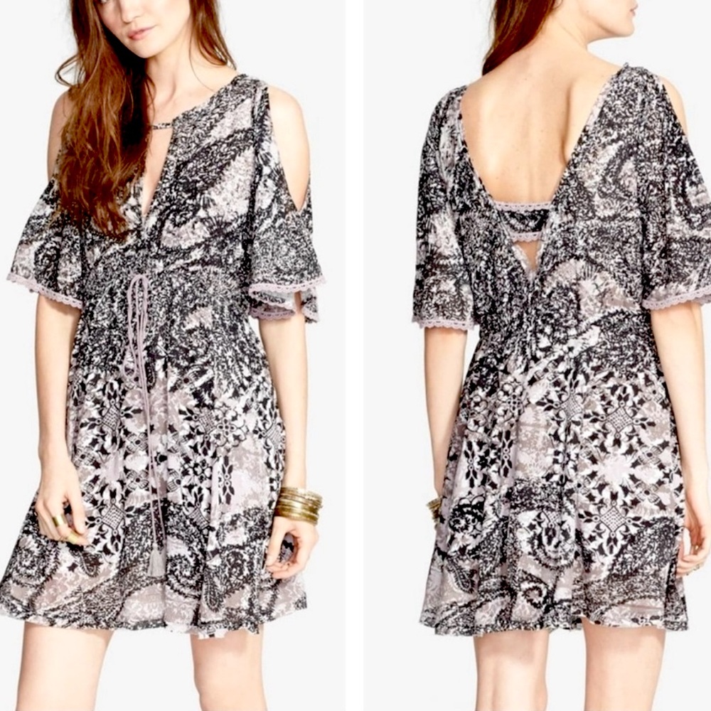 Free People - women’s love birds mini dress cold shoulder black/lavender size S